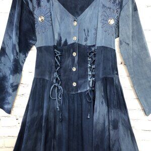 Vtg Artsy Denim Blue Festival Rockabilly Rodeo Maxi Big Bling Stones Dress Sz M